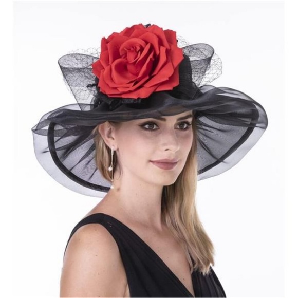 Kentucky Derby Church Dress Hat for Women Formal Bridal Party Prom Black and Red